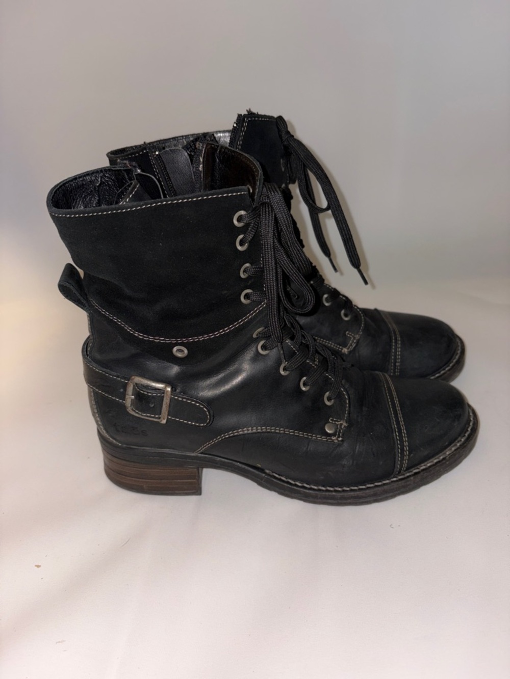 Taos Crave Black Lace-Up‎ Leather Combat Boots with Buckle Size 10